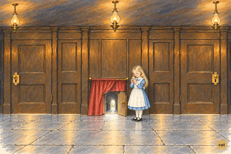 Foot-high Alice takes one last nibble of the mushroom beside the open little door