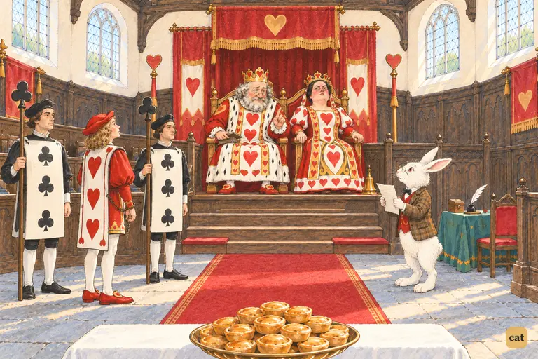 At the foot of the throne, the White Rabbit, now in his spectacles, holds up the sheet of verses.