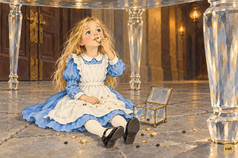 Ten-inch Alice sits under the glass table, eating the last crumb of the EAT ME cake