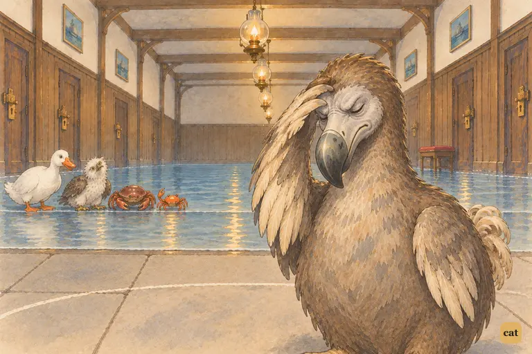 The Dodo sits with one feathered wing-tip pressed to his forehead, like a portrait of Shakespeare.