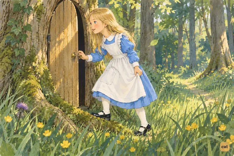 Having walked away from the rude tea-party, Alice finds a small wooden door in a tree trunk.