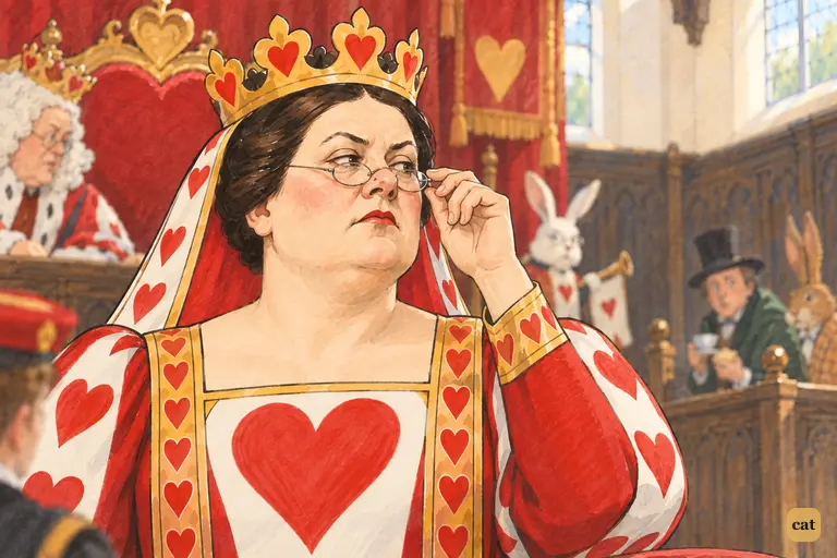 The Queen of Hearts puts on her spectacles and stares coldly at the Hatter