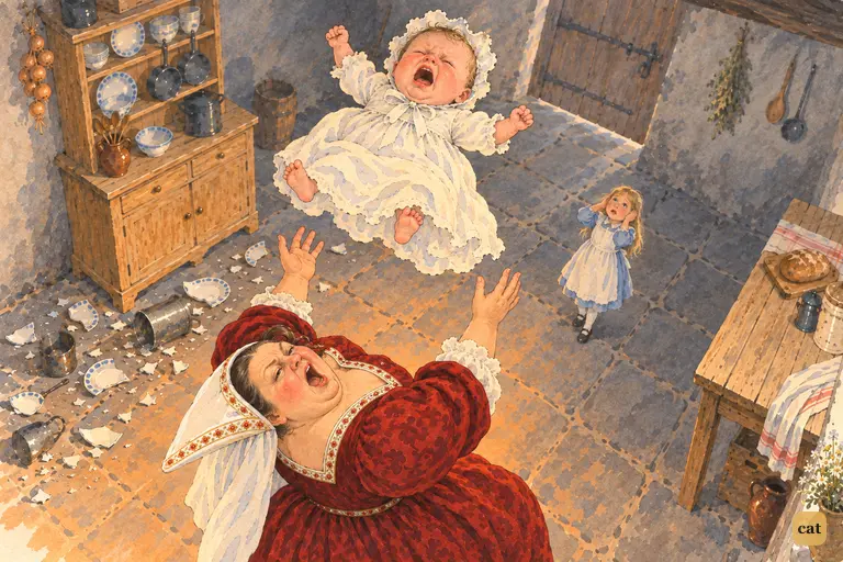 The Duchess bellows the second verse and flings the howling baby high into the air