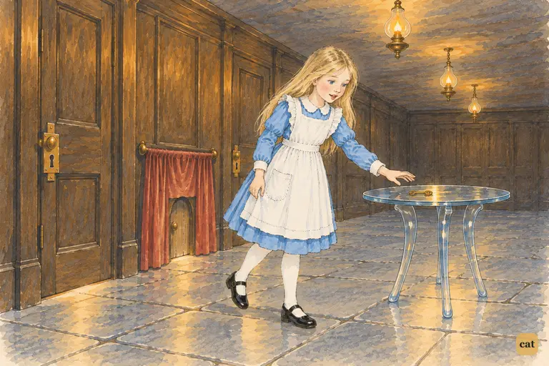 Alice has tried every locked door in the long, dim hall.