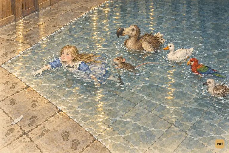 Alice leads the Mouse and dripping birds and animals across the pool to shore
