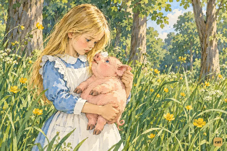 In the May wood, Alice looks down at the baby in her arms, now a small pink pig