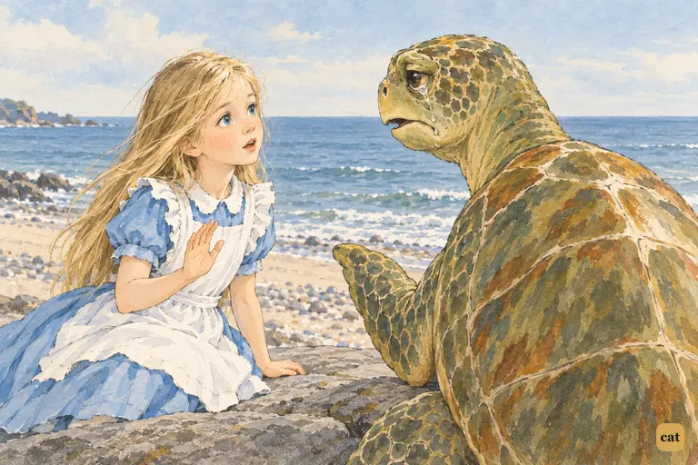 Hand still raised, Alice hears the Mock Turtle: no wise fish goes without a porpoise