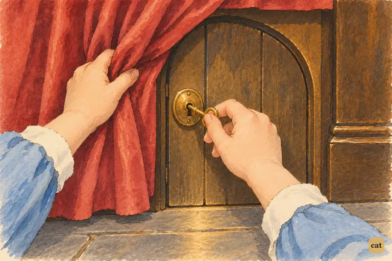 A child's fingers turn the tiny golden key in the brass lock of a little door