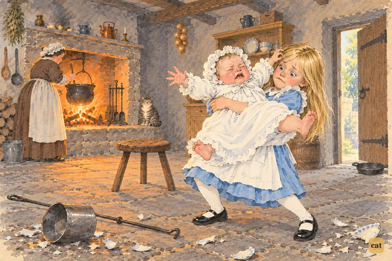 Tiny Alice staggers holding the snorting baby, its arms and legs out like a star-fish