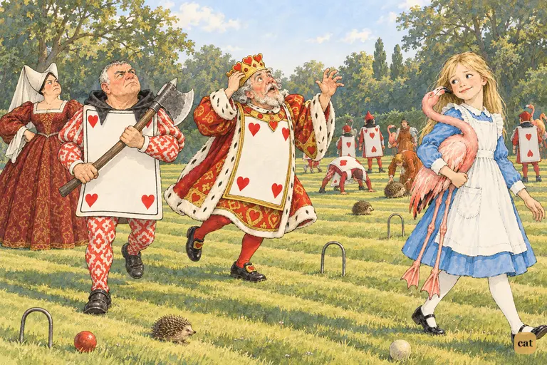 The King of Hearts and the executioner search the empty sky for the Cheshire Cat's head