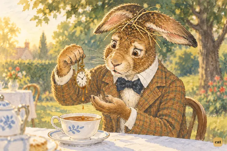 The March Hare gloomily lifts the Hatter's watch out of his teacup, dripping tea