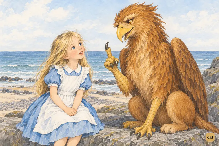 The Gryphon raises a talon like a schoolmaster to explain why lessons lessen