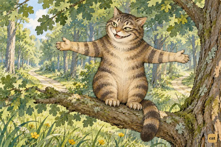 The Cheshire Cat sits on a low bough with both front paws spread like the arms of a signpost.