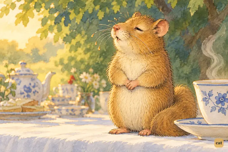 The Dormouse sits upright, nose in the air, and sleepily answers 'Treacle'