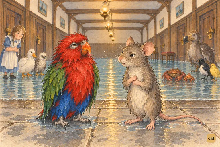 The Mouse stops his "driest thing" lecture and frowns politely at the dripping, shivering Lory.