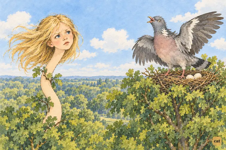 High above the tree-tops, the Pigeon stands on her nest and complains to the empty sky