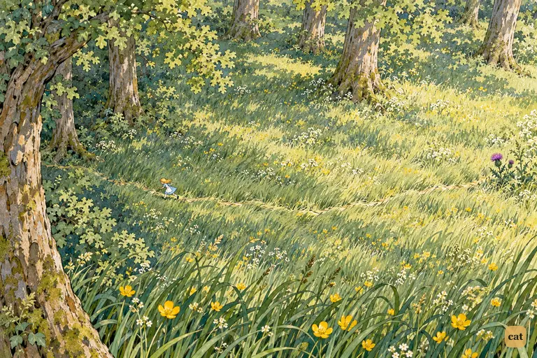 Tiny Alice runs through a sea of long grass toward the wood while the puppy rests behind