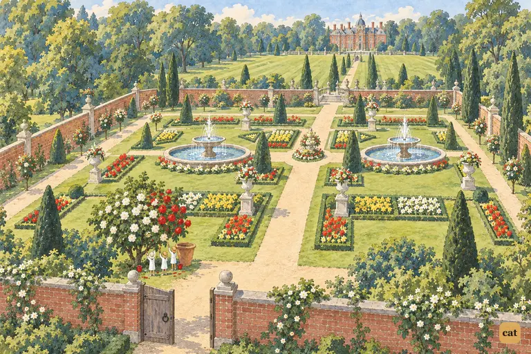 At last the whole sunlit garden that Alice longed for lies spread out below, neat and fresh.
