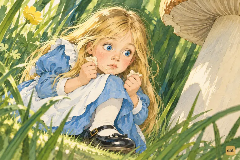 Alice nibbles the right-hand bit of mushroom and shrinks so fast her chin hits her shoe