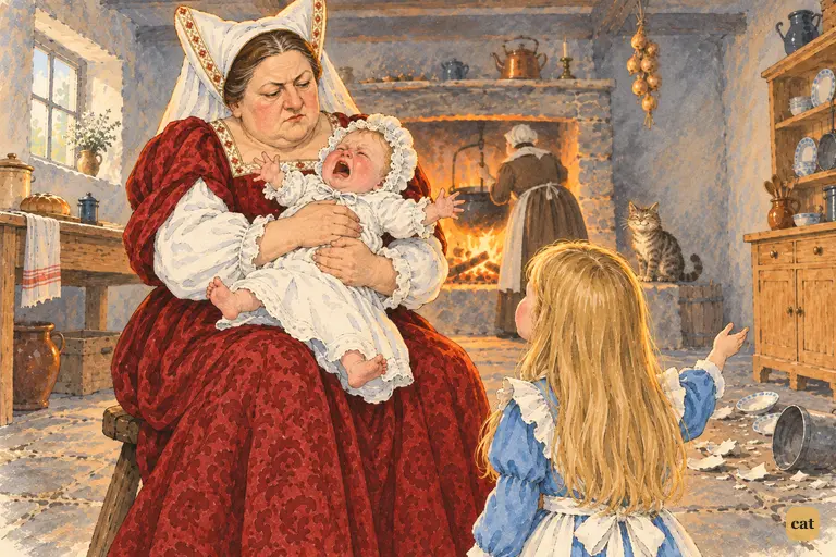 Tiny Alice timidly asks the huge, sour Duchess why her cat grins, in a kitchen thick with pepper.
