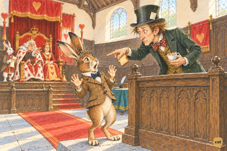 The Hatter jabs a finger at the March Hare, who throws up both paws in denial