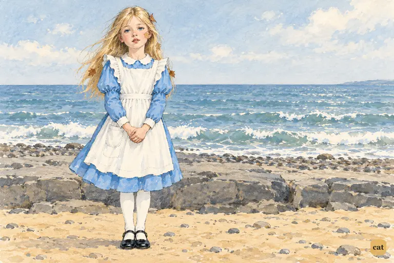 Ordered to recite, Alice stands on the sand before the rock ledge like a schoolgirl