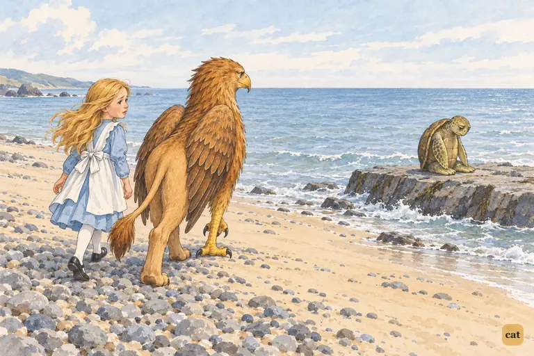 Walking the shore with the Gryphon, Alice sees the Mock Turtle sad on a rock ledge
