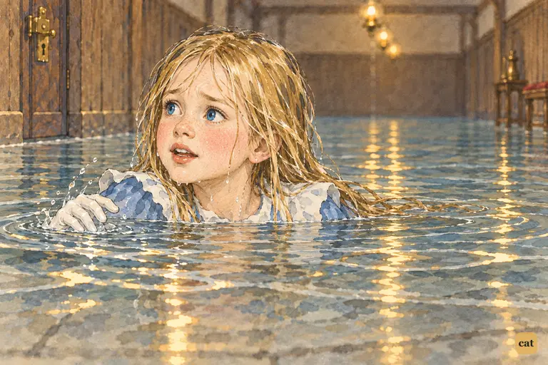 Alice is up to her chin in the pool of tears and paddles toward a distant strip of stone shore.