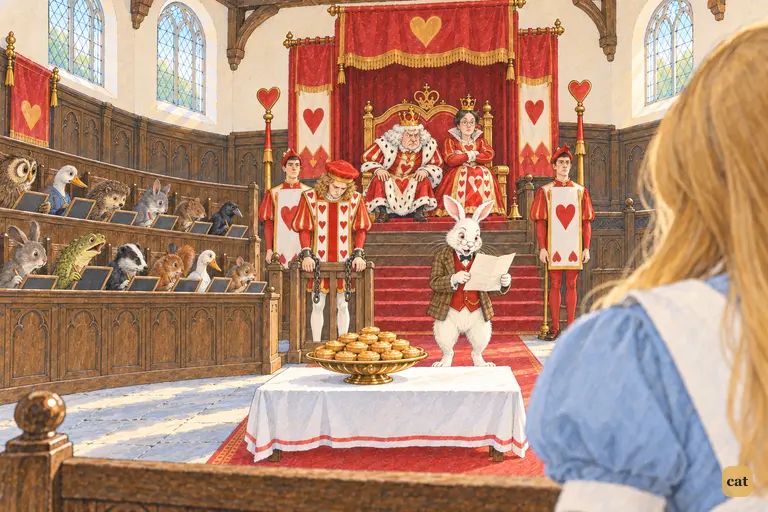 The White Rabbit reads the mysterious verses at the foot of the dais.