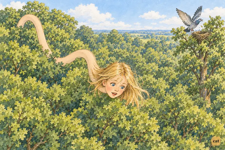 Delighted, Alice curves her serpent-like neck into a graceful zigzag over the tree-tops