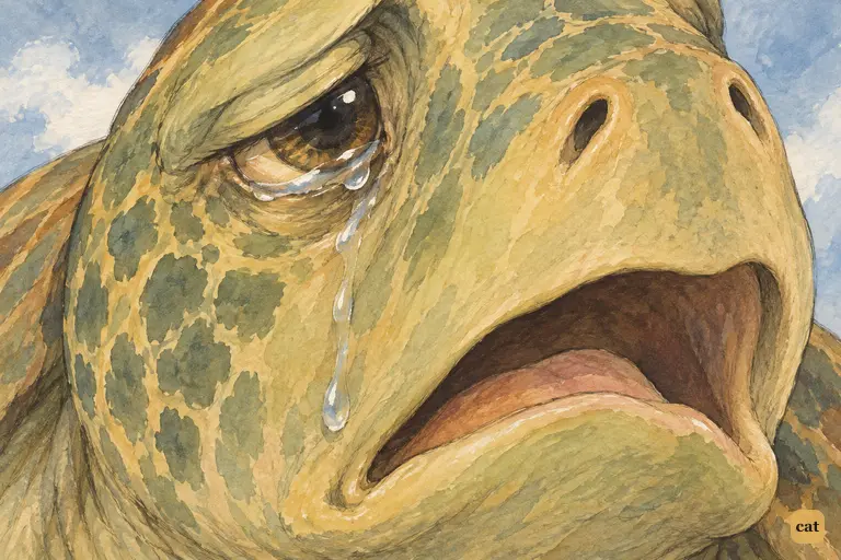 The Mock Turtle's tearful eye fills the frame as he sobs Beautiful Soup to Alice