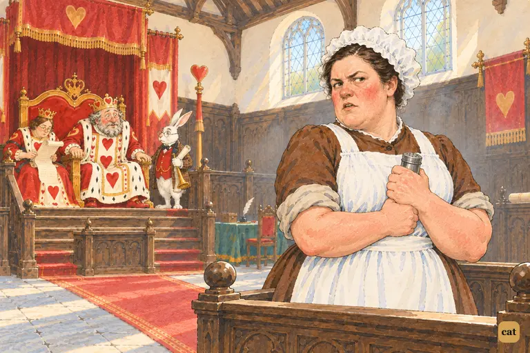 The Duchess's cook, clutching her pepper-box, answers the King with one flat word