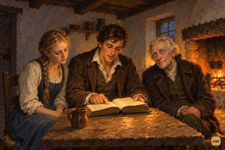 By the fire, Felix reads aloud to his blind father and Agatha from a glowing open book
