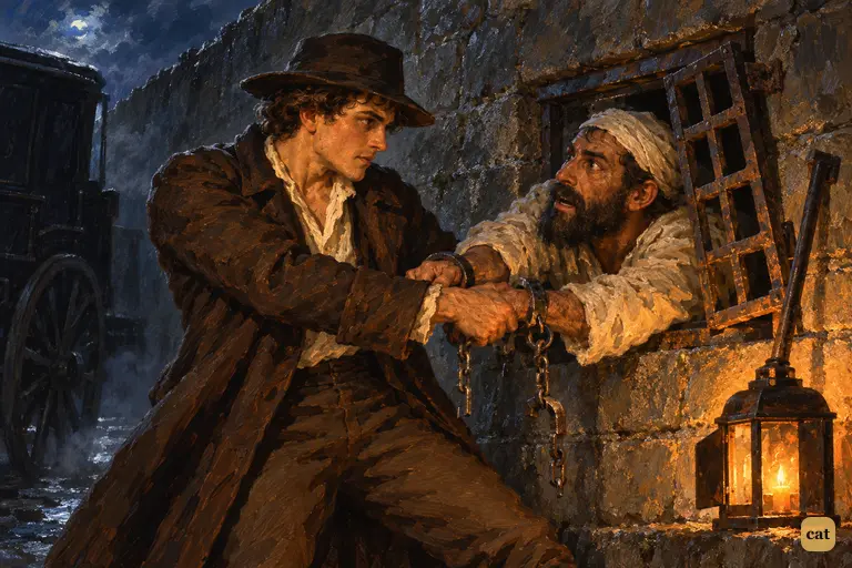 Felix drags the condemned Turkish merchant out through the forced prison grate