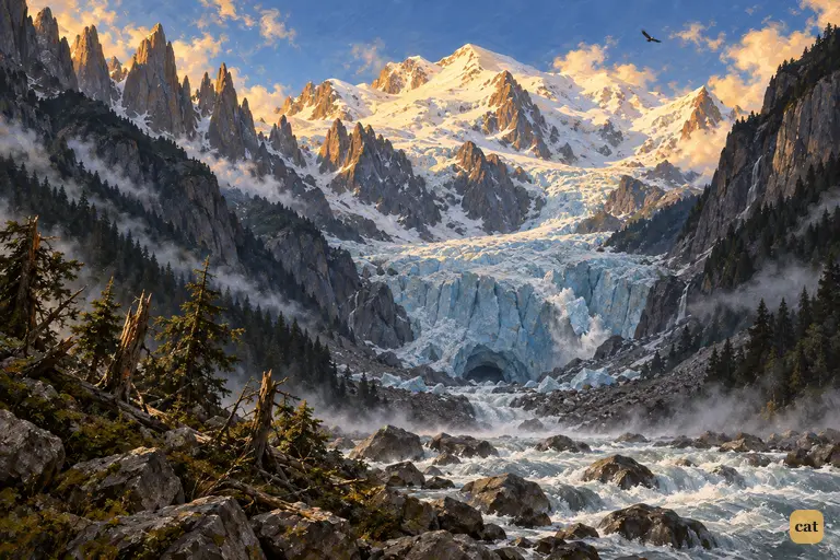 At cold dawn, a glacier closes the valley of Chamounix beneath Mont Blanc's sunlit dome