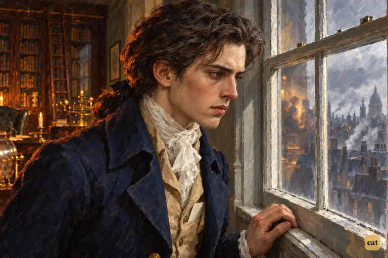 Victor stands apart at the grey window of a London philosopher's study.