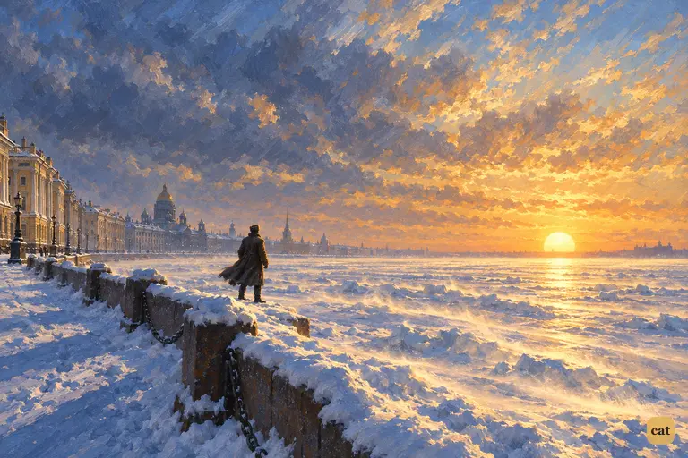 Walton stands alone on a snowy embankment facing a low sun over the frozen river