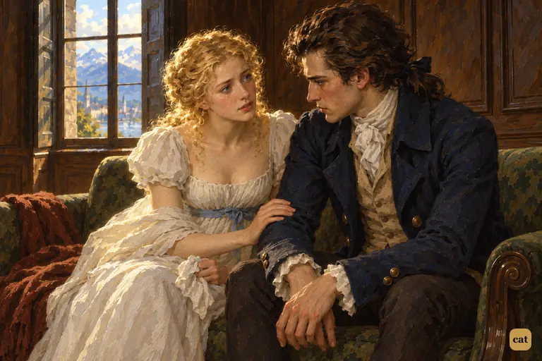 In the Geneva sitting room, Elizabeth sits beside Victor and lays her hand on his arm