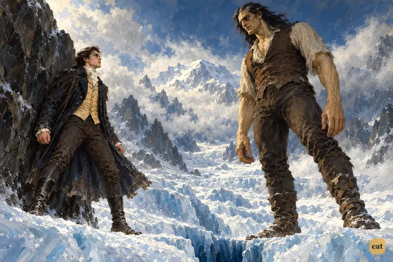 On the sea of ice, Victor stands against the dark rock, shaking with rage and horror