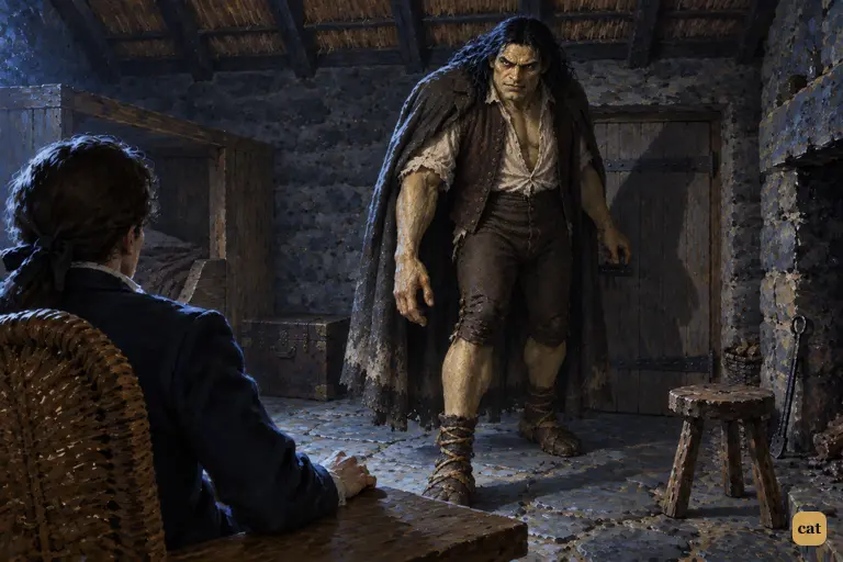 The creature stands stooped under the low rafters of the moonlit Orkney cottage