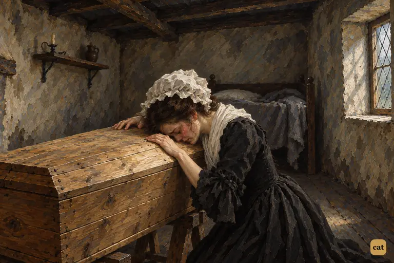 Caroline Beaufort kneels and weeps at her father's closed pine coffin in Lucerne