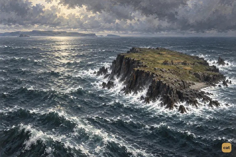 Victor's chosen Orkney island: a bare rock ringed by surf in miles of cold grey sea