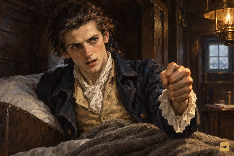Too weak to carry on the hunt, the dying Victor Frankenstein rises from his bunk in Walton's cabin.