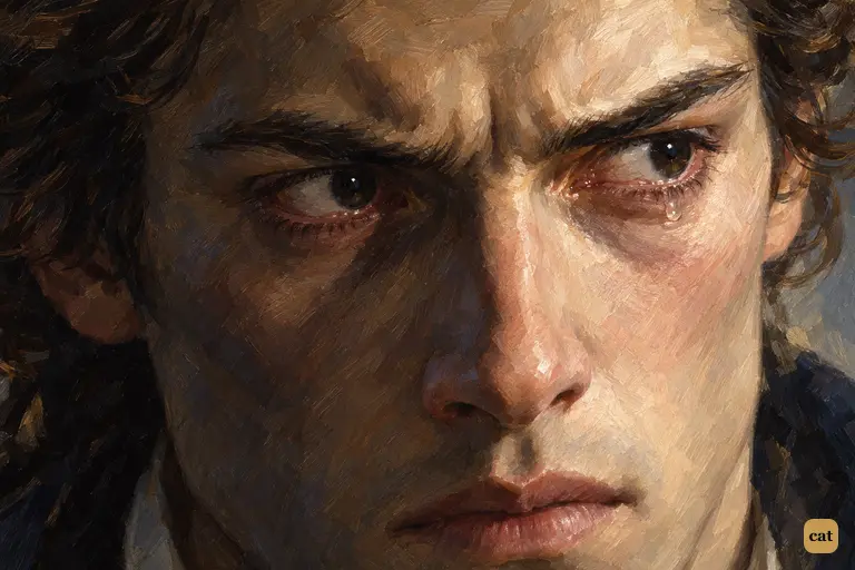 Victor stares past the camera toward Elizabeth.