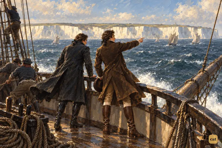 Clerval points out Britain's white cliffs as Victor grips the rail, dreading his task