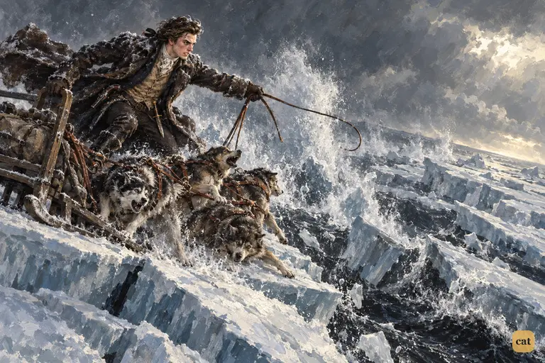 The ice cracks open with the force of an earthquake, just a mile short of the chase's end.