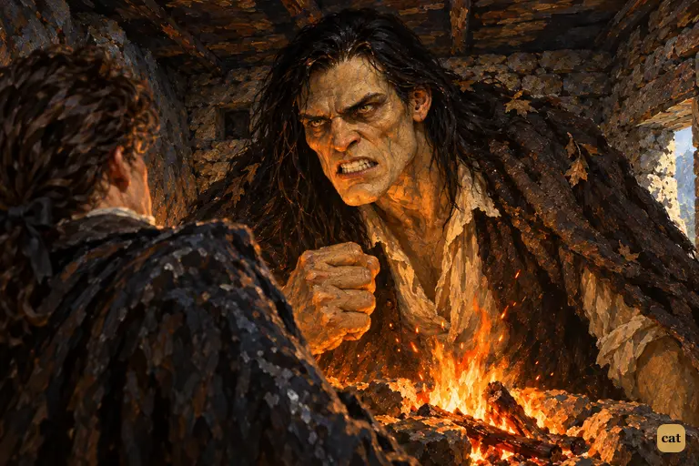 Over the fire, the creature's face twists with hatred as he vows to destroy his maker