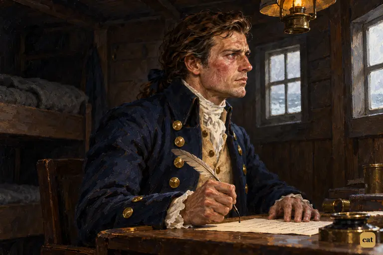 Walton sits alone at the writing table in the grey Arctic light.