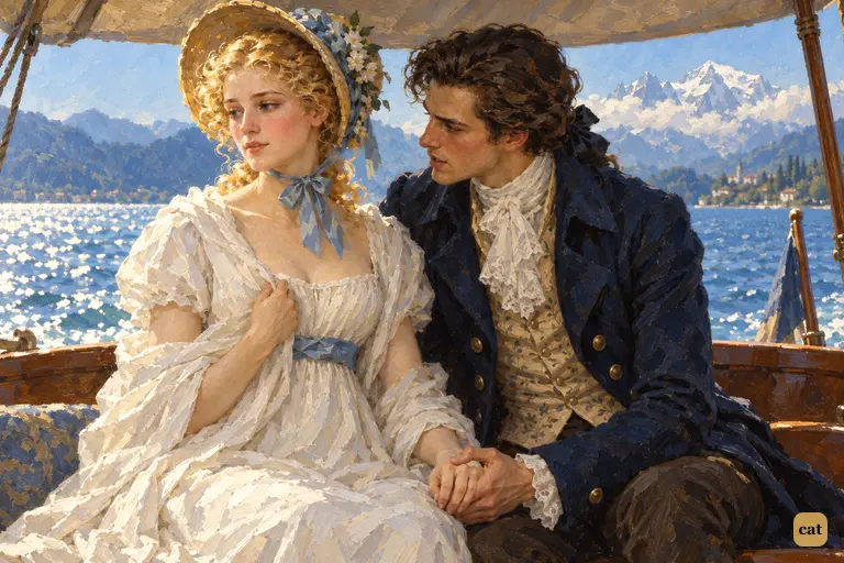 In the shade of the canopy, Victor takes Elizabeth's hand and asks her for one quiet day