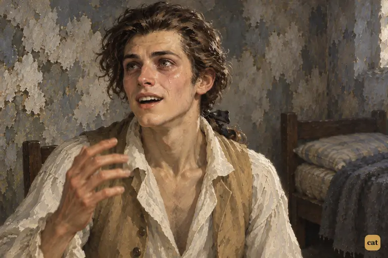 In his prison chair, Victor hears his father has come, and his face turns to joy
